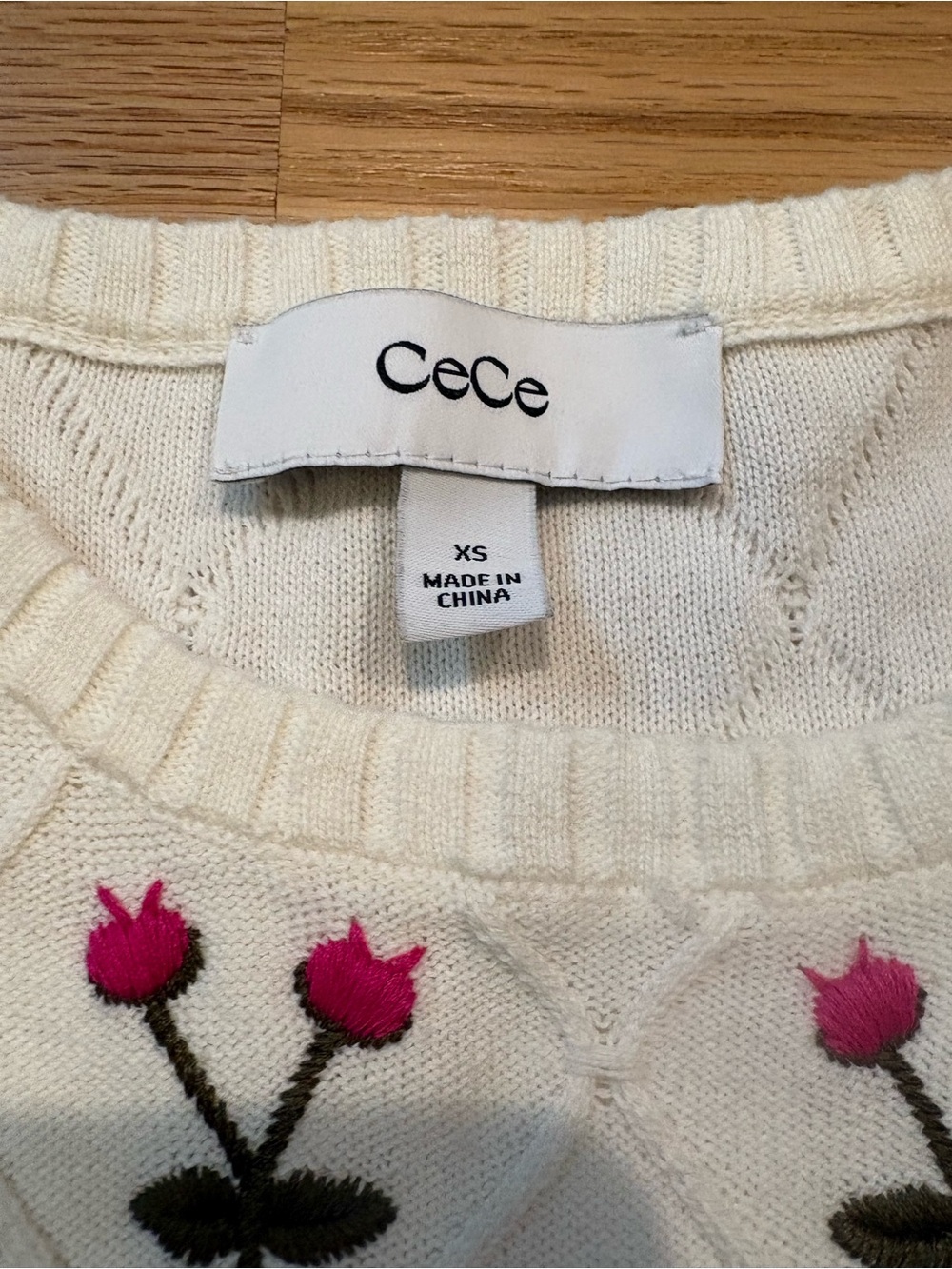 CeCe Cream Short-Sleeve Knit Top with Pink Floral Embroidery - Picture 2 of 4
